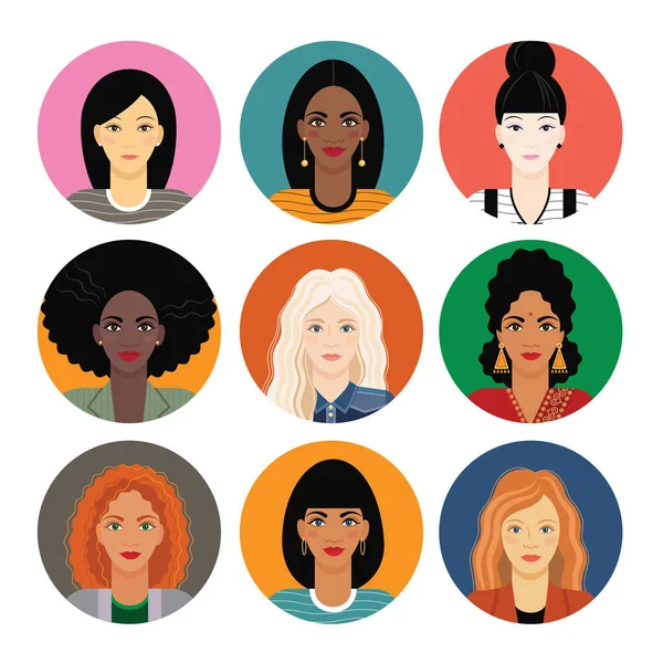 Girls Different Ethnicities Form Icons Social Networks Nine Shapes Portraits — Stock Vector