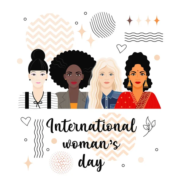 Листівка Плакат Накрийте Міжнародний Жіночий День Написом Чотири Портрети Дівчат — стоковий вектор