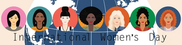 Прапор Шаблон Накриття Міжнародного Жіночого Дня Написом Горизонтальний Формат Портрети — стоковий вектор