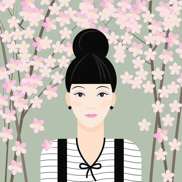 Retrato Uma Menina Japonesa Fundo Flores Cereja Uma Jovem Mulher —  Vetores de Stock