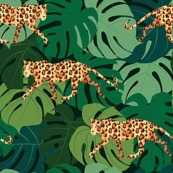 Padrão Sem Costura Leopardos Fundo Folhas Tropicais Vários Tons Verde — Vetor de Stock