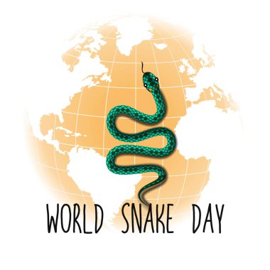Dünya 'nın arka planında bir yılan, Dünya Yılan Günü. Gerçekçi gölgesi olan yeşil yılan. stok