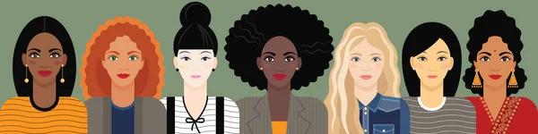 Багатонаціональний Горизонтальний Банер Молоді Жінки Різних Рас Кольорів Шкіри Волосся — стоковий вектор