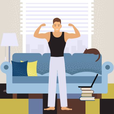 Sağlıklı bir yaşam tarzının olumlu bir örneği. Genç bir adam, modern bir iç mekanın arka planına karşı evde fiziksel eğitim görüyor. Gürültünün etkisiyle düz desen. Stok vektör çizimi. EPS 10.