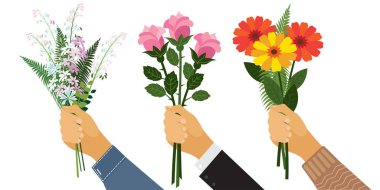 cute illustration about the problem of choice-men's hands hold different bouquets of flowers. three options - simple, classic, and creative. a drawing in the style of the cartoon. stock  illustration.  clipart