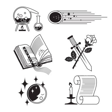 Altı simge şeklinde bir dizi sihirli sembol. Bir siyah-beyaz çizgisel çizim sihirli bir kitap, bir hançer ve bir gül, bir kuyruklu yıldız ve ayı resmediyor.. 