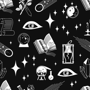 Sihirli işaretlerin ve sembollerin kusursuz deseni. Siyah zemin üzerinde beyaz bir çizim tekstil tasarlamak ve gizemli bir tek renkli arkaplan yaratmak için kullanılabilir. Stok vektör çizimi. EPS 10.