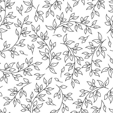 Yapraklı dalların kusursuz çizgisel deseni, beyaz arkaplanda siyah çizgiler. Mevsimlik dekorasyon için narin ve zarif bir arkaplan olarak kullanılabilir. El çizimi. Stok vektör çizimi. EPS 10.