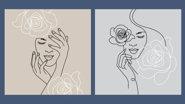 Conjunto Retratos Abstratos Lineares Meninas Com Flores Estilo Minimalismo Arte — Vetor de Stock