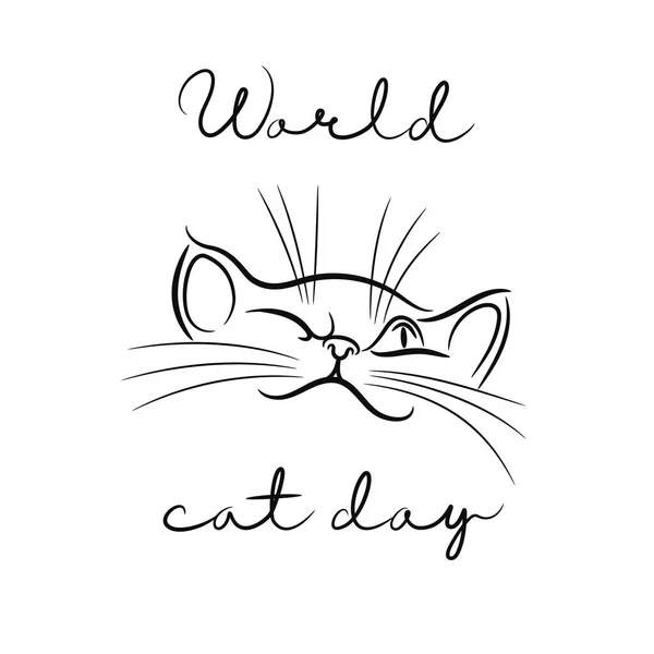 Ilustración Divertida Para Día Mundial Del Gato Gato Astuto Inscripción — Vector de stock