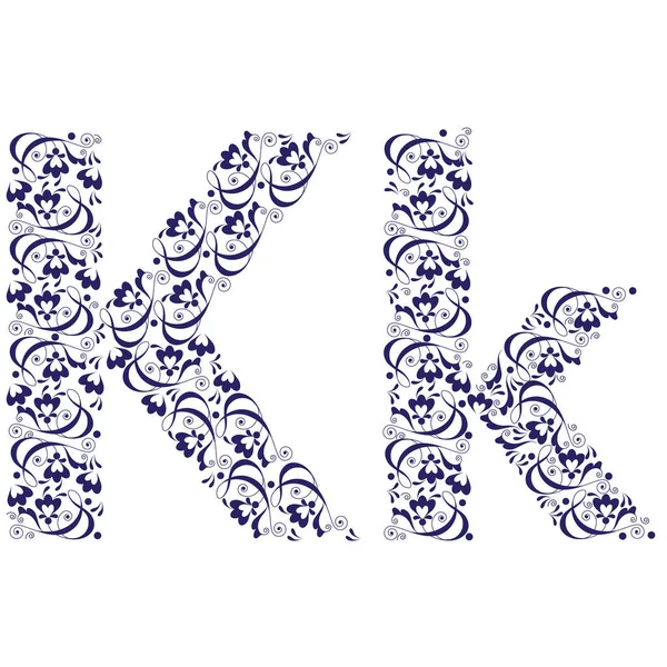 白い背景に花のKの文字が青 ベクトルイラスト Eps — ストックベクタ