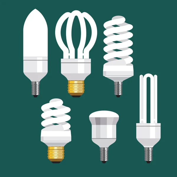 Набор Шести Вариантов Энергосберегающих Ламп Флуоресцентных Плоский Рисунок — стоковый вектор