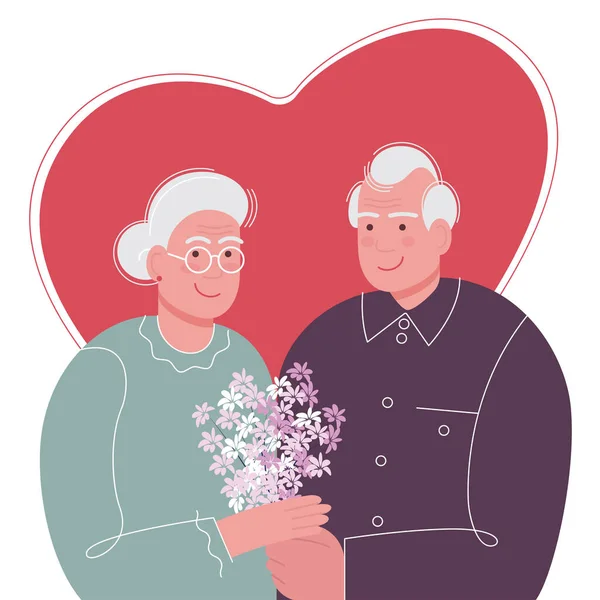 爷爷送给奶奶一些花 一对年迈的夫妇以时髦的平淡风格生活 象征着幸福的长寿 以老年人日 祖父母日为主题的概念 库存矢量图解 Eps — 图库矢量图片