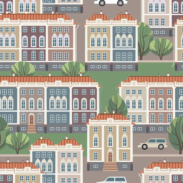 seamless pattern of city houses and streets. the urban landscape will fill the space and make the background. stock vector illustration. EPS 10.