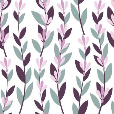 Çiçeksiz çiçek desenli, çiçek açan lavanta. Beyaz zemin üzerinde dört renkli düz çizim tekstil ve baskı ürünleri tasarımı için kullanılabilir. Stok vektör çizimi. EPS 10.