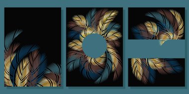 Bir dizi kartpostal, kapak, üzerinde altın palmiye yaprakları olan şablonlar ve metin için boşluk. Altın tüylü ya da palmiye dallı posterler koleksiyonu. Düz bir stilde üç seçenek var. Stok vektör çizimi. EPS 10.