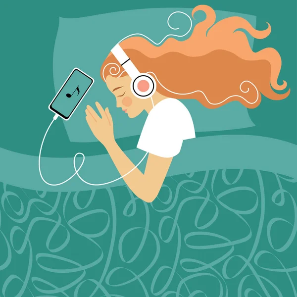 一个长头发的白人女孩在床上睡着了 她带着耳机 听着智能手机的音乐 关于小工具在日常生活中的意义的概念 平面绘图 直线绘图 库存矢量图解 Eps 免版税图库矢量图片
