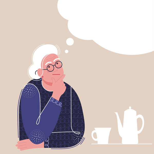 elderly woman is dreaming or thinking about something. thoughts in the form of a white cloud form a place for the text. cute granny is drawn in a flat trending style. concept of elderly people. stock vector illustration. EPS 10.