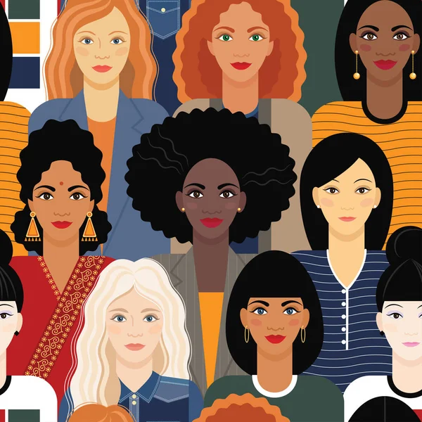 以跨国人口为主题的无缝模式 不同种族 不同肤色 不同头发的年轻女性 都是以平平的卡通风格 满面春风 其背景是种族多样性 库存矢量图解 Eps 矢量图形