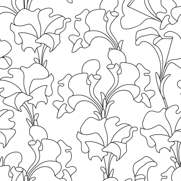 Petunya çiçeklerinin kusursuz doğrusal deseni. Beyaz arka planda siyah bir çizgi. Bitki elementleriyle minimalist vektör grafikleri. Stok vektör çizimi. EPS 10.