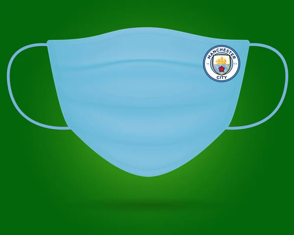 Covid Manchester City Futbol Kulübü Logosu Olan Cerrahi Yüz Maskesi — Stok Vektör