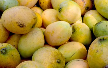 Piyasada arka plan olarak taze mango yığını