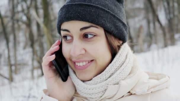 Hermosa chica hablando en un teléfono inteligente en el parque de invierno — Vídeos de Stock