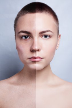 Önce ve sonra kozmetik işlemi. Genç güzel kadın portre