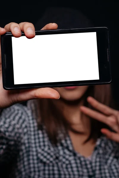 Hipster girl taking picture smartphone self-portrait, screen view — Stock Photo, Image