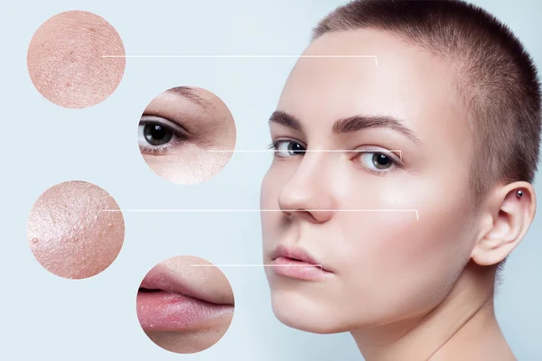 Belleza de la piel mujer joven antes y después del procedimiento —  Fotos de Stock