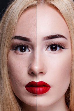 Önce ve sonra kozmetik işlemi. Genç güzel kadın portre