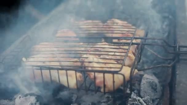 Poulet grillé sur gril. Gros plan du poulet grillé pendant le pique-nique . — Video