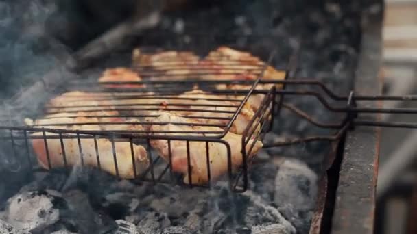 Gegrilde kip op grill. Close-up shot kip gegrild tijdens picknick. — Stockvideo