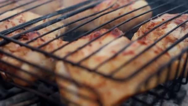 Grilované kuře na grilu. Při pikniku uzavřete kuře grilovaný. — Stock video