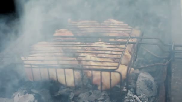 グリルでチキンを焼きます。ピクニック中に焼いたチキンのクローズアップショット. — ストック動画