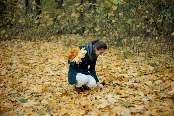 Automne marcher fille dans le manteau dans les bois — Photo