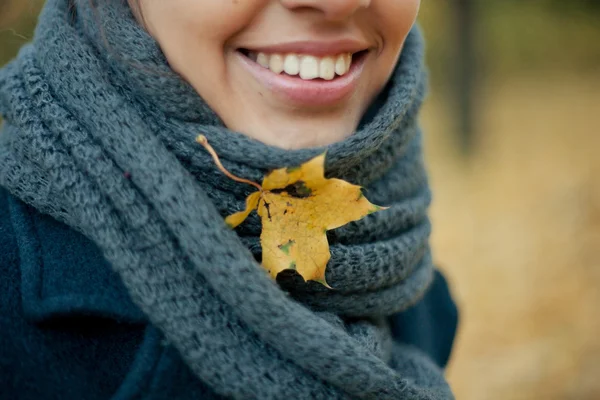 Automne marcher fille dans le manteau dans les bois — Photo