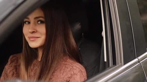 Driving Safety People Concept Young Woman Car Auto Present Gift — Stockvideo