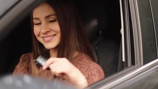 Driving Safety People Concept Young Woman Car Auto Present Gift — Stockvideo