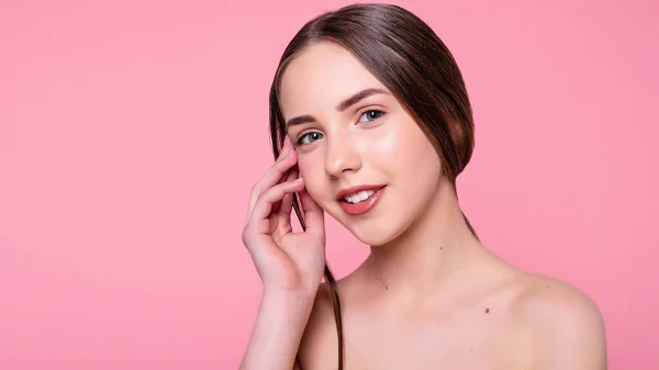 Retrato Com Espaço Cópia Encantador Alegre Moda Atraente Adorável Menina — Fotografia de Stock