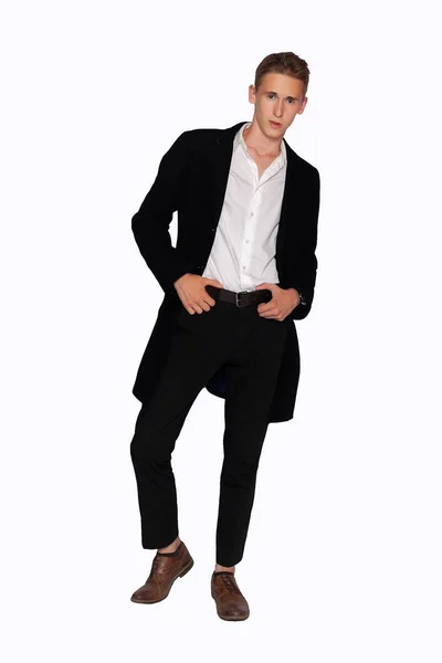 Retrato Hombre Con Abrigo Negro Pantalones Sobre Fondo Blanco —  Fotos de Stock