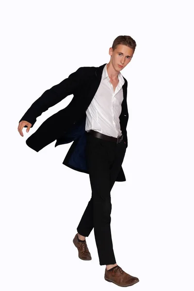 Portrait Man Black Coat Trousers White Background — Stock Photo, Image