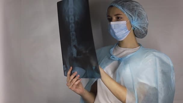 Kadın Doktor Gün Işığında Hastanın Göğüs Röntgenine Bakıyor Tıp Konsepti — Stok video