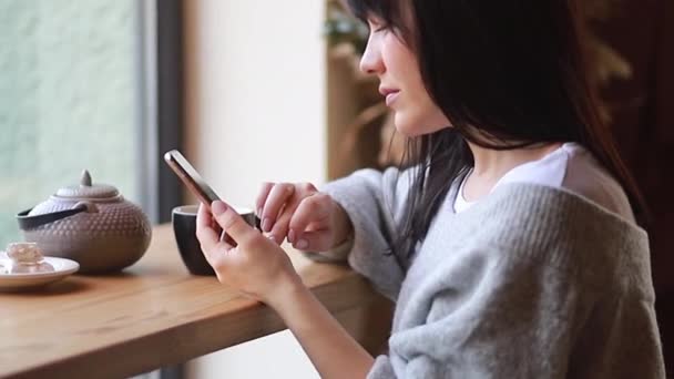 Femme Boit Café Utilise Téléphone Portable Dans Café Fille Est — Video