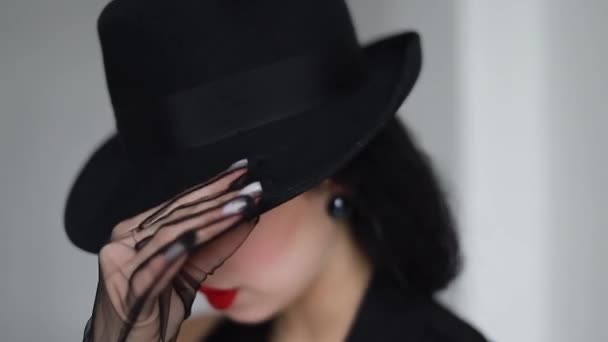 Girl Black Hat Smiling White Background Slow Motion Close Portrait — Stock Video