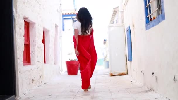 Happy Woman Red Long Skirt Red Flower Her Hair She — Αρχείο Βίντεο