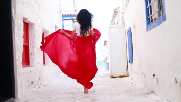 Mujer Feliz Falda Larga Roja Con Una Flor Roja Pelo — Vídeo de stock