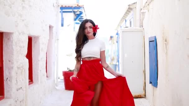 Happy Woman Red Long Skirt Red Flower Her Hair Young — Stock Video