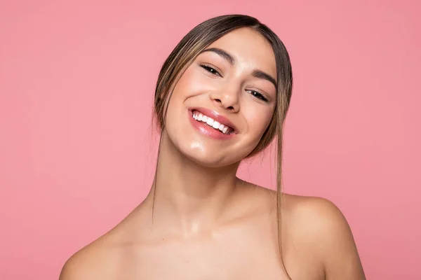 Skincare Beauty Close Smiling Young Woman Winking Camera Touching Shiny — Stockfoto