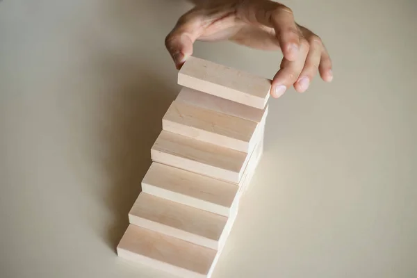 Manually Organize Wood Block Stacking Stepped Staircase Business Growth Process — Stock Photo, Image